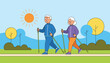 © Maja - Active senior couple doing Nordic walking together with poles in a beautiful park under a bright shining sun.