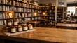 © melano - Cozy bookstore interior featuring lit amber candles on a rustic wooden table surrounded by bookshelves and warm ambient string lights.
