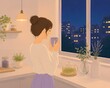 © Pastel Life Art - 夜にハーブティーを飲む若い女性のライフスタイルイラスト
