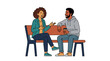 © Aska - Diverse couple sitting on bench, talking and drinking coffee, vector illustration
