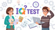 © Naima - Illustration of a man and woman taking an IQ test with various stationery and gadgets around them on a white background
