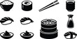 © Shahinoor - Japanese cuisine icons featuring sushi rice bowl dim sum and chopsticks in a black silhouette style ramen dimsum maki nigiri