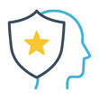 © Anna - Minimalist icon showing a person silhouette profile protected by a shield symbol with a star isolated on a white background security and privacy concept