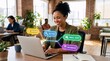 © Mikhail - African-american woman working on laptop with automated workflow visual interface. Digital transformation, task automation and business process management in modern office environment.