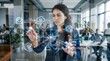 © Mikhail - Woman interacting with digital cloud computing interface. Specialist managing data network and server communication. Concept of future technology and business information management system.