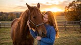 Woman cuddling brown horse during golden sunset at farm