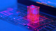 © Chineewan Somsap - Digital representation of futuristic building on laptop, showcasing technology and innovation in vibrant blue and pink color scheme