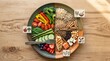 © Janet - Balanced diet plate with vegetables grains and protein on wooden table