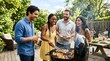 © Diclonius - A group of friends enjoy a lively backyard barbecue, with one person grilling food while the others socialize and relax in the warm summer atmosphere.