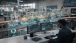 © DigitalSpace - Medium shot focusing on pilot line virtual model monitoring showing dynamic data visualization of production efficiency and quality control metrics in an industrial setting.