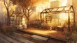 © halim - Anime style girl relaxing in sunset rooftop garden balcony.