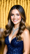 © Napapat - Woman portrait blue sequin dress wavy hair necklace smile bokeh elegant glamour formal fashion with warm light