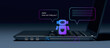 © MOTION ARF - Side view of open laptop computer with glowing digital AI chatbot robot and chat bubble notification icons graphic overlay, automated customer service help desk and virtual assistant technology.