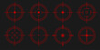 © Svitlana Tolmach  - Collection of red futuristic crosshair reticles. Digital aim and target icons for shooter game UI, weapon scope graphics, military HUD systems, and sci fi combat visualization.