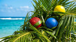 © Login - Colorful Easter eggs nestled in palm fronds with a tropical ocean backdrop