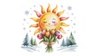 © TrendyImages - Happy sun character holding colorful tulip bouquet surrounded by winter trees and falling snowflakes