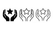 © Johanna - Three distinct vector icons featuring cupped hands holding a star, presented in solid, outline and sketch variations, Symbolizing concepts of quality assurance and customer excellence