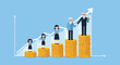 © Kayom - Financial growth chart illustrates people at different life stages standing on growing stacks of coins with a rising arrow.