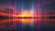 © Maksym - Holographic wave fronts laser interference patterns sunset lake reflection vibrant multicolor vertical light beams optical phenomenon natural landscape abstract