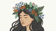 © Hmen - Mujer joven con corona de flores y hojas, expresión serena, estilo de ilustración detallado.