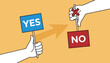 © Emran - Hands holding blue yes and red no signs with an arrow indicating a choice or transition on orange background.