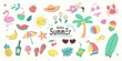 © Gumey - Set of summer beach illustrations. Flamingo, fruits, surfboard, beach gear and more. Perfect for stickers and clipart. Vector illustration