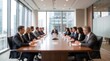 © CuteBee - Corporate business team having professional meeting in bright boardroom with wooden table and panoramic city skyline view through large glass windows in modern office building