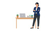 © Ohim - A professional woman in a business suit stands confidently with her arms crossed next to a tidy wooden desk with a laptop and folders.