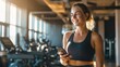 © Maryna - Athletic woman in a modern gym messaging on a smartphone