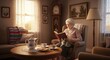 © Rohmat - Elderly woman reading book in cozy home living room.