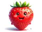 A cheerful cartoon strawberry with a smiling face and green leaves on top