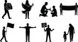 © Rokon - Black silhouette set of volunteers providing humanitarian aid, holding a peace dove, and protesting for social justice.