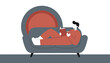 © Kazi - Person relaxing on a modern armchair while reading a book and holding a mug in a comfortable home setting with a minimalist graphic style.