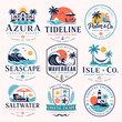 © Baihaki - A collection of nine vintage-style tropical and coastal resort, restaurant, and travel logos featuring palm trees, waves, beaches, and sunsets.