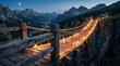 © wan - Illuminated wooden suspension bridge with BUILD TRUST text carved on a post, set against a mountain range and valley at dusk with glowing lanterns and a crescent moon in the sky.