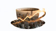 © Olga Ко - Business growth and morning energy concept. Double exposure of a coffee cup with a modern cityscape and a glowing upward financial arrow. Generative AI