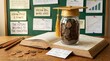 © lianlian liang - Gold graduation cap on coin jar resting on open textbook with motivational study notes background