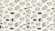© Lang - Seamless pattern of traditional Japanese cuisine featuring monoline vector sushi rolls, fresh seafood sashimi, nigiri, and maki icons on a clean background for culinary textile design.