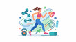© snack - A woman in athletic wear runs with fitness gear and a heart rate graphic