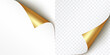 © Kindlena - Curled page corner isolated on transparent and white background. Gold curve paper edge, bent sheet, note angle with realistic shadow. Vector rolled up stickers, peel banners