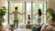 © Artyom - Family opening large folding windows in a bright modern living room overlooking a green backyard
