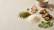 © Toufiqul - Mung beans, white rice, garlic, ginger, and shiitake mushrooms on table