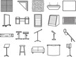 © Precision CAD System - A collection of line art illustrations depicting various event furniture and equipment, including display panels, desks, seating, microphones, and screens, ideal for trade shows and conferences.
