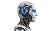 © ATIQULISLAM - Robotic head with exposed circuitry and glowing blue elements on transparent background robot android cyborg