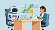 © Maya - Flat vector illustration of businessman asking AI robot to develop successful growth profit investment plan. Businesses using AI technology to analyze business data and find successful solutions.