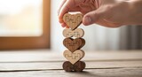 Stacking wooden heart puzzles concept of connection and togetherness