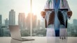 © 锴 张 - Doctor in white coat and blue scrubs holding chest X ray showing ribs, spine and lungs, with laptop on desk in modern clinic, presenting medical diagnosis and healthcare analysis in bright city office