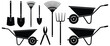 ©   - Garden tools icons and wheelbarrows vector symbols representing landscaping equipment, yard maintenance tools, and agricultural gardening essentials