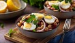 © Jon - mixed bean salad with hard boiled egg halves and fresh herbs in lemon garnished bowls
