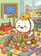 © POLU - Smiling cartoon character building blocks in a colorful room